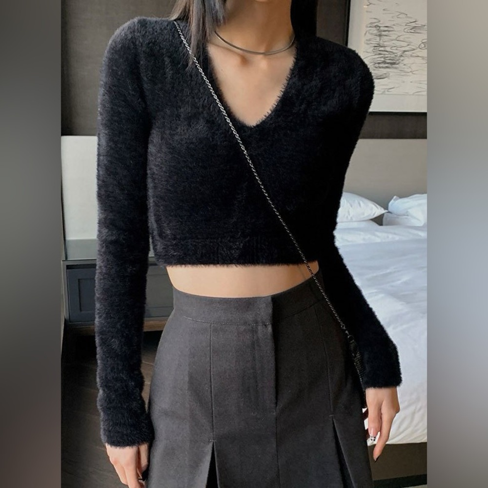 V-Neck Black Fuzzy Sweater